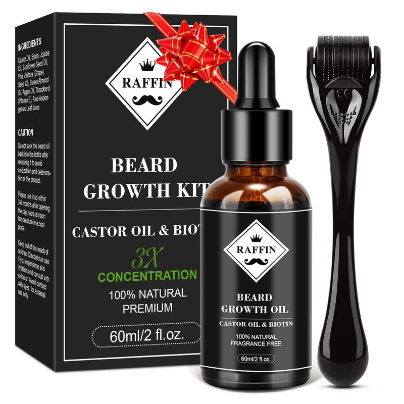 RAFFIN Beard Growth Kit, Beard Growth Oil (2Oz) w/3 X Thickening Biotin & Castor Oil for Spot/Patchy Beard, Achieve Fuller, Thicker, Healthier Beard, Birthday Gifts for Men Him Boyfriend Husband Dad