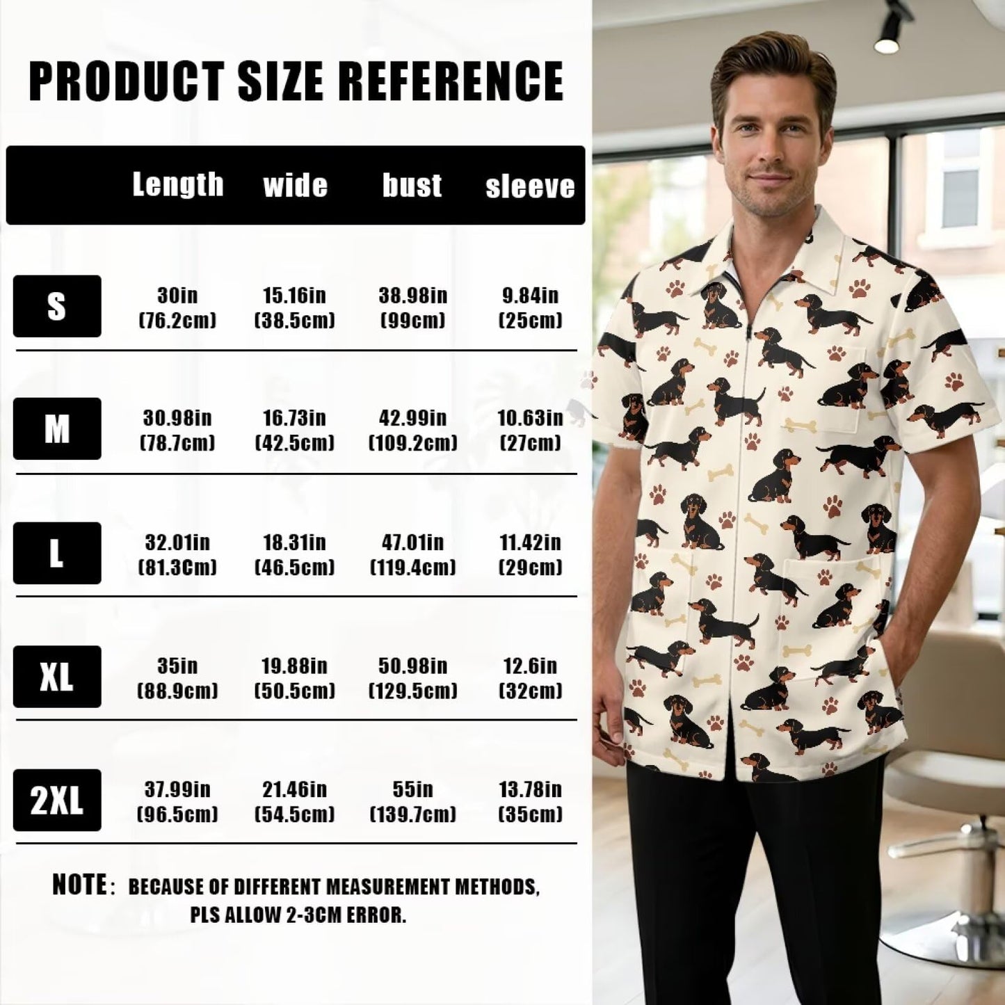 Srengjodk Waterproof Hair Cutting Capes For Adults Stretchy Grooming Smock Splash-Resistant Cobbler Apron 3 Pockets Breathable Chef Waiter Work Shirt Dachshunds Print L 2XL