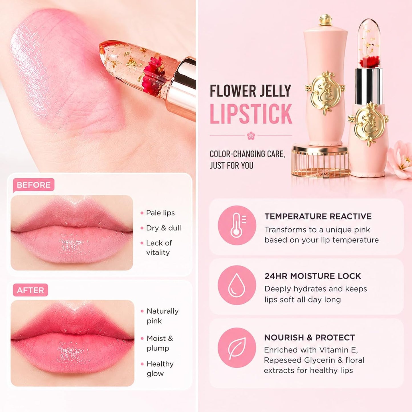 Crystal Flower Jelly Lipstick - Pack of 6 | Long-Lasting Color-Changing Lip Balm for Moisturized Lips | Perfect Gift for Women