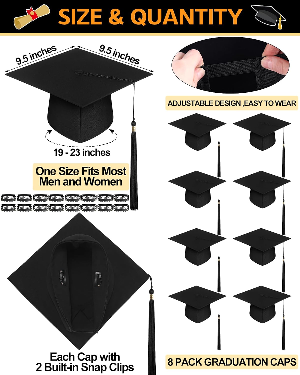 Black Graduation Caps for Long Hair - No Slip Design with Built-in Hair Secure Clips | 8 Pcs for 2026 Graduates