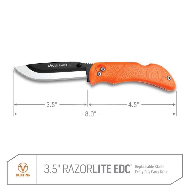 OUTDOOR EDGE Razor-Lite Folding Hunting Knife – 3.5″ Replaceable Razor Blades, Non-Slip Rubber Handle, Lock-Back Safety, Includes 6 Blades and Nylon Sheath