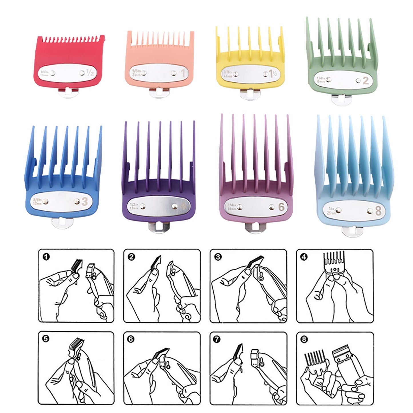 8 Color Professional Hair Trimmer Clipper Guard Combs Great for Hair Clippers Trimmers Attachment Guide Combs Coded Cutting Guides Combs