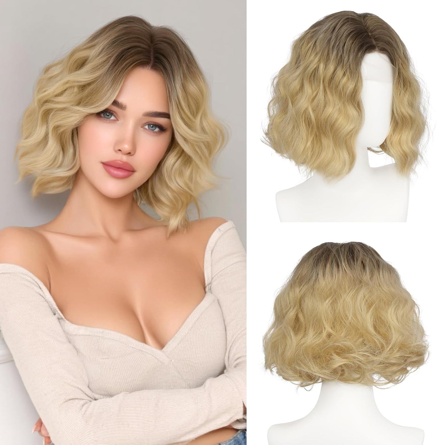 Pink Bob Wig for Women - Lace Front Short Soft Wavy Curly Synthetic Hair | 11 Inch Natural Look