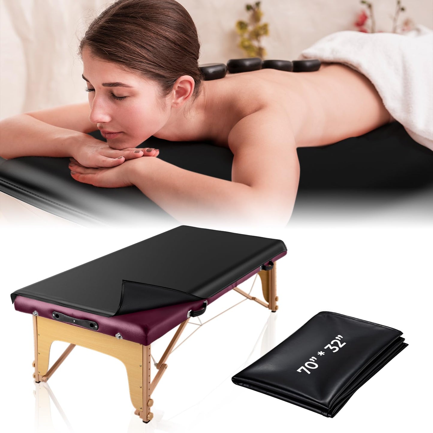 Noverlife 70x32in Massage Table Cover Protector, PU Leather Lash Bed Cover Reusable&Wipeable Esthetician Bed Covers Massage Beds Covers, Replacement Wax Mat for Beauty Salon Spa Tattoo - Black