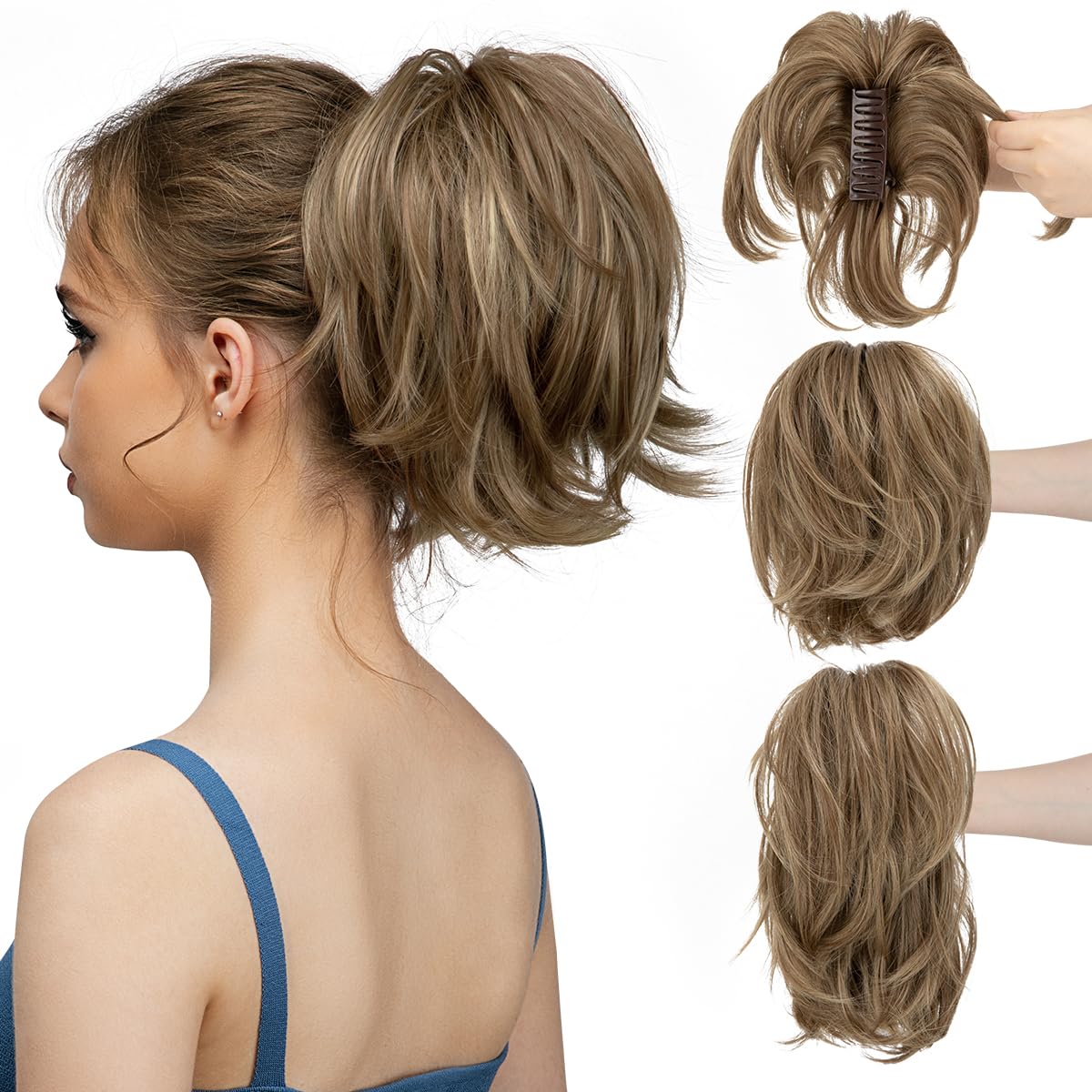 CJL Hair Claw Clip Short Ponytail Extensions - Bendable Metal Messy Bun Piece | Wavy Curly Synthetic Hair, Ash Grey