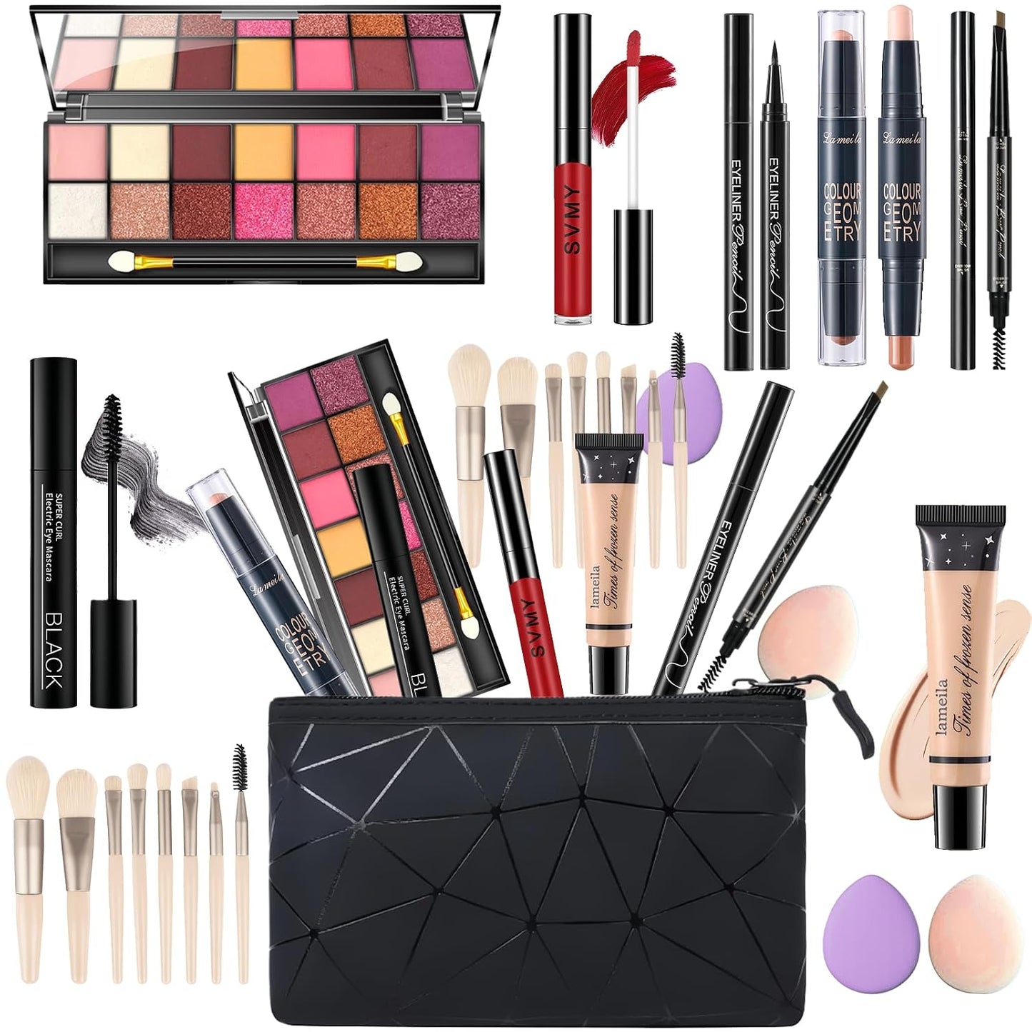 Makeup Set for Women - 14-Color Eyeshadow Palette, Lip Gloss & Contour Stick | Travel-Friendly Kit