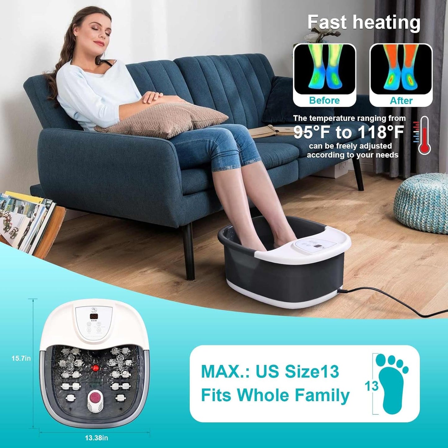 Foot Spa Bath Massager with Heat - 22 Massage Rollers, Temperature Control & Vibration | Relaxing Soaking Tub - Grey