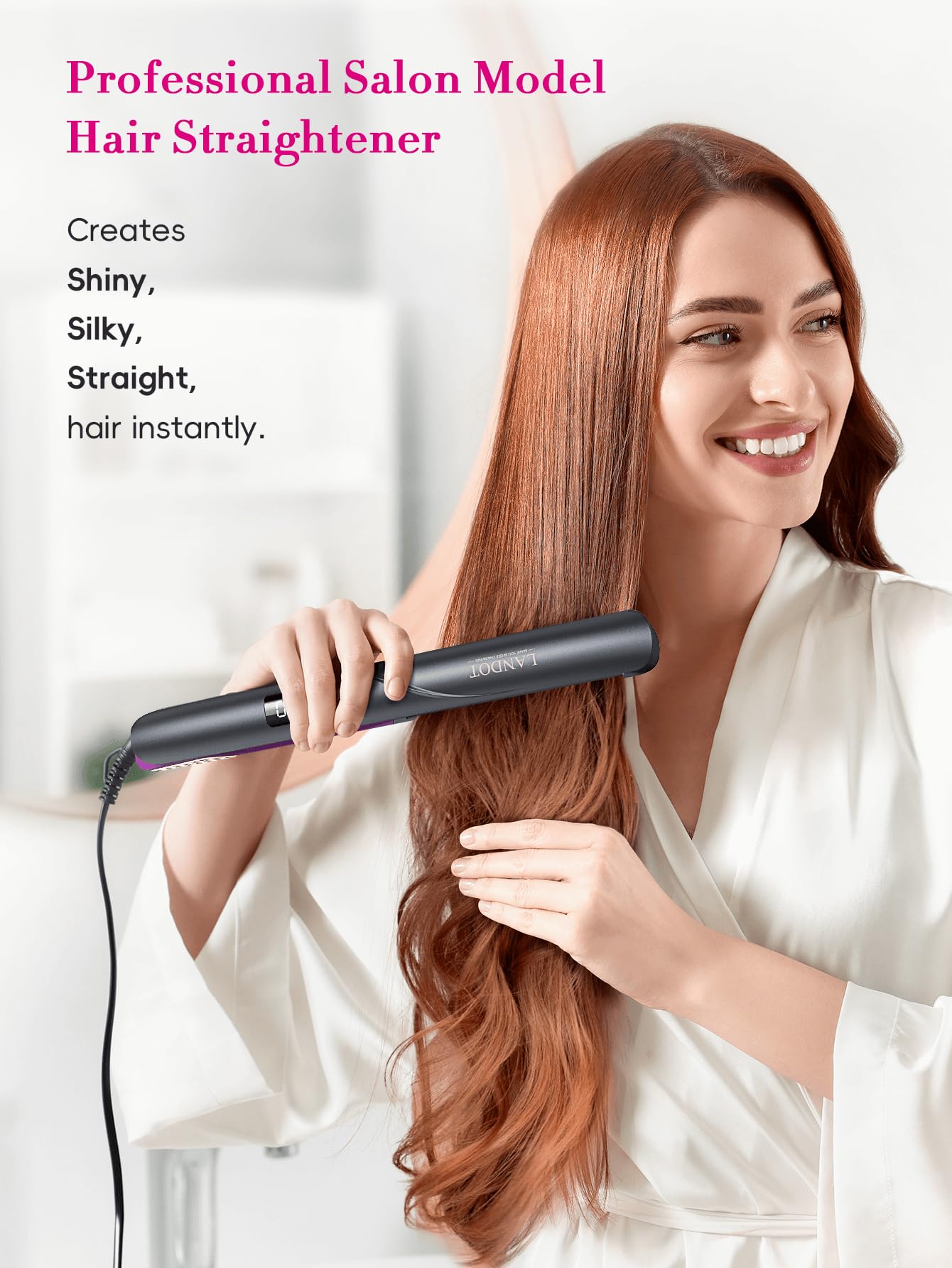 LANDOT Flat Iron Hair Straightener 1 inch - Ceramic Ionic Straightening Iron for Frizz-Free Shine Hair - Adjustable Temp 250-450F for All Hair Types, Auto Shut Off + Travel Pouch