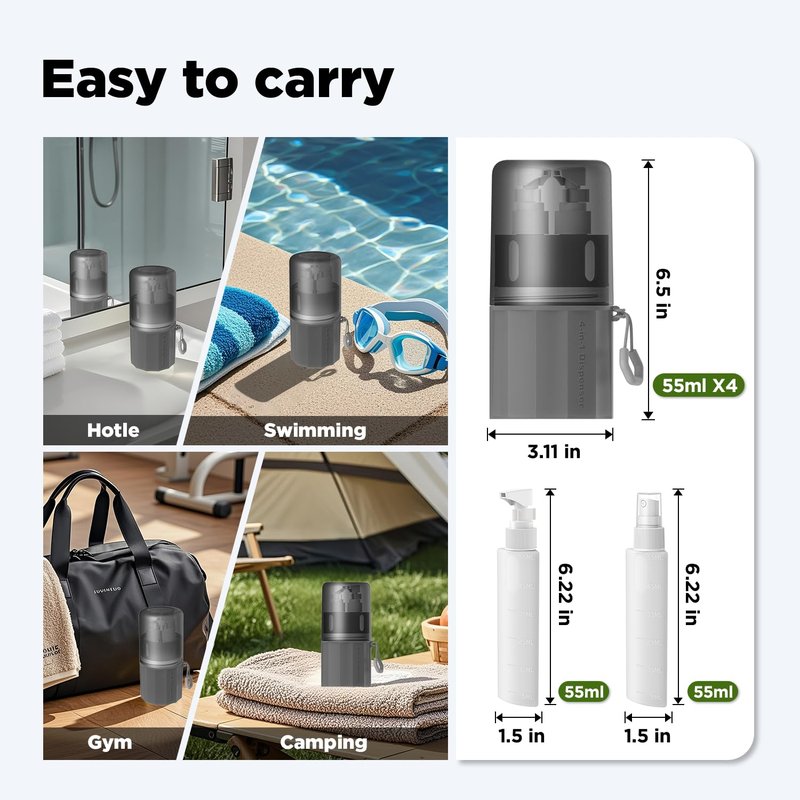 Travel Bottles for Toiletries - TSA Approved Shampoo & Conditioner Set with Suction Cups | Gray