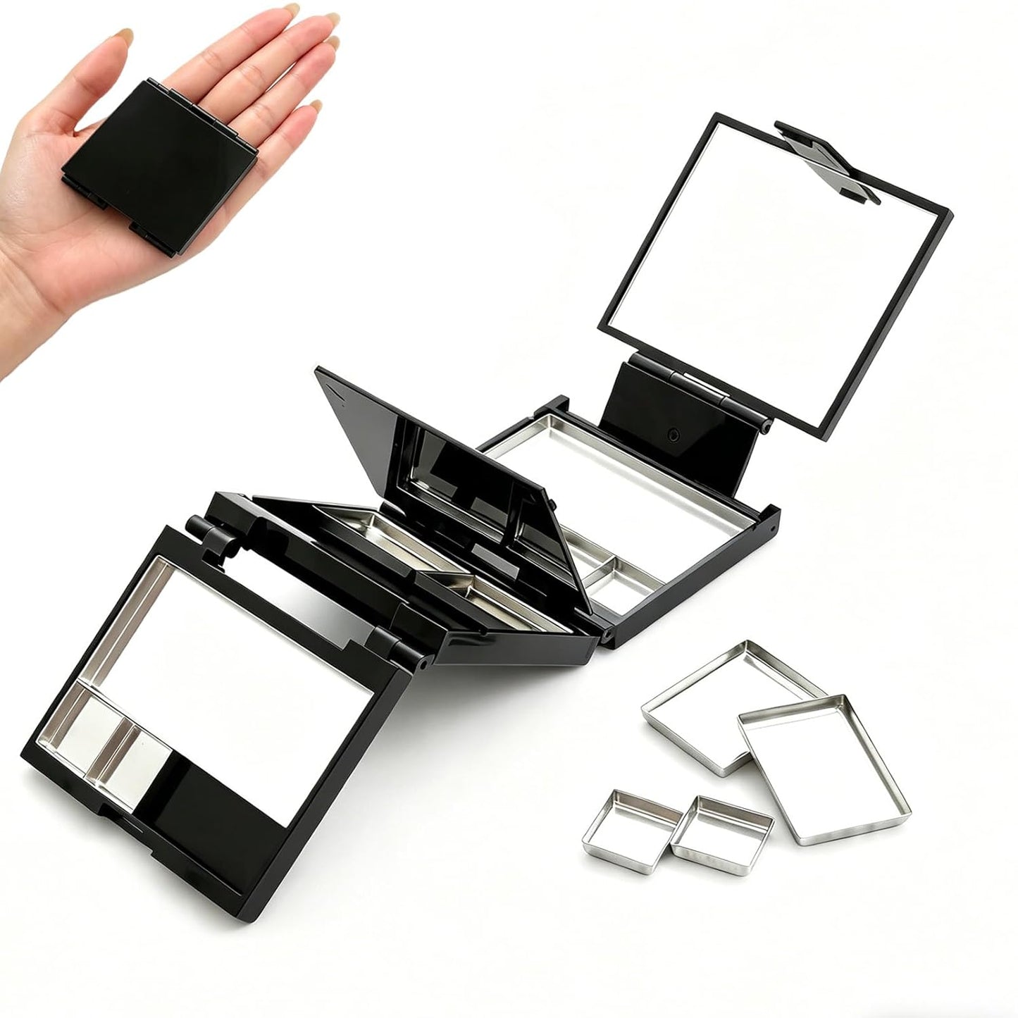 Magnetic Makeup Palette - 3-Layer Foldable Organizer with Dividers & 13 Metal Pans | Black, DIY Depotting Solution