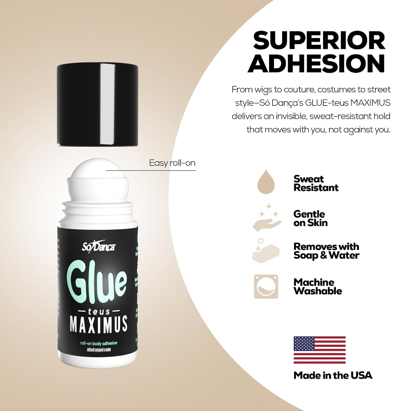 Glue-teus Maximus Roll-On Body Adhesive - Hypoallergenic, Sweat-Resistant Solution for Dancers & Costumes | Perfect for Leotards & Pageants