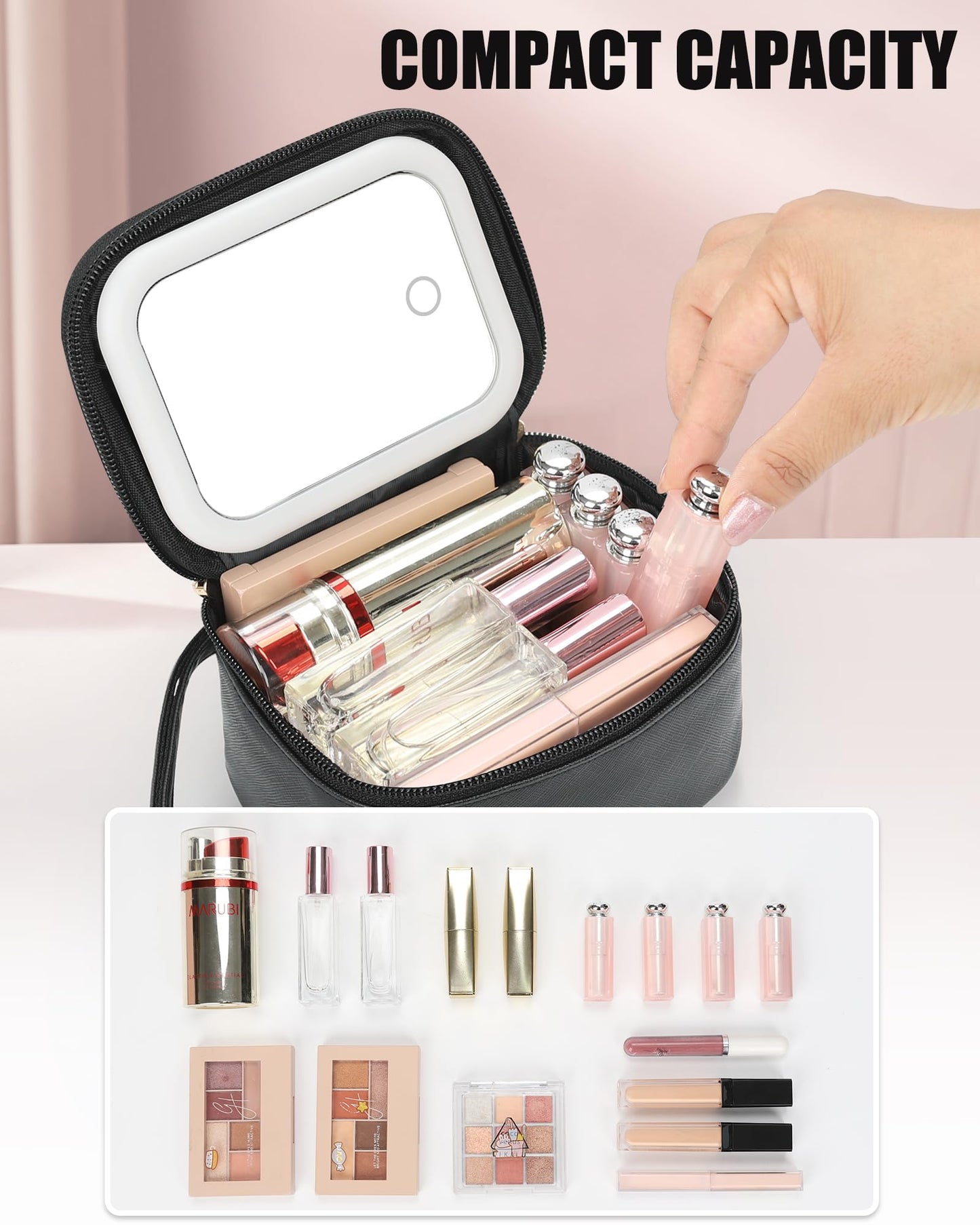 Relavel Initial Makeup Bag with Led Mirror, Mini Make Up Bag for Women Girls, Personalized Cosmetic Bag with Adjustable Brightness, Rechargeable Pink Make Up Bags Pouch for Birthday Gift - Black D