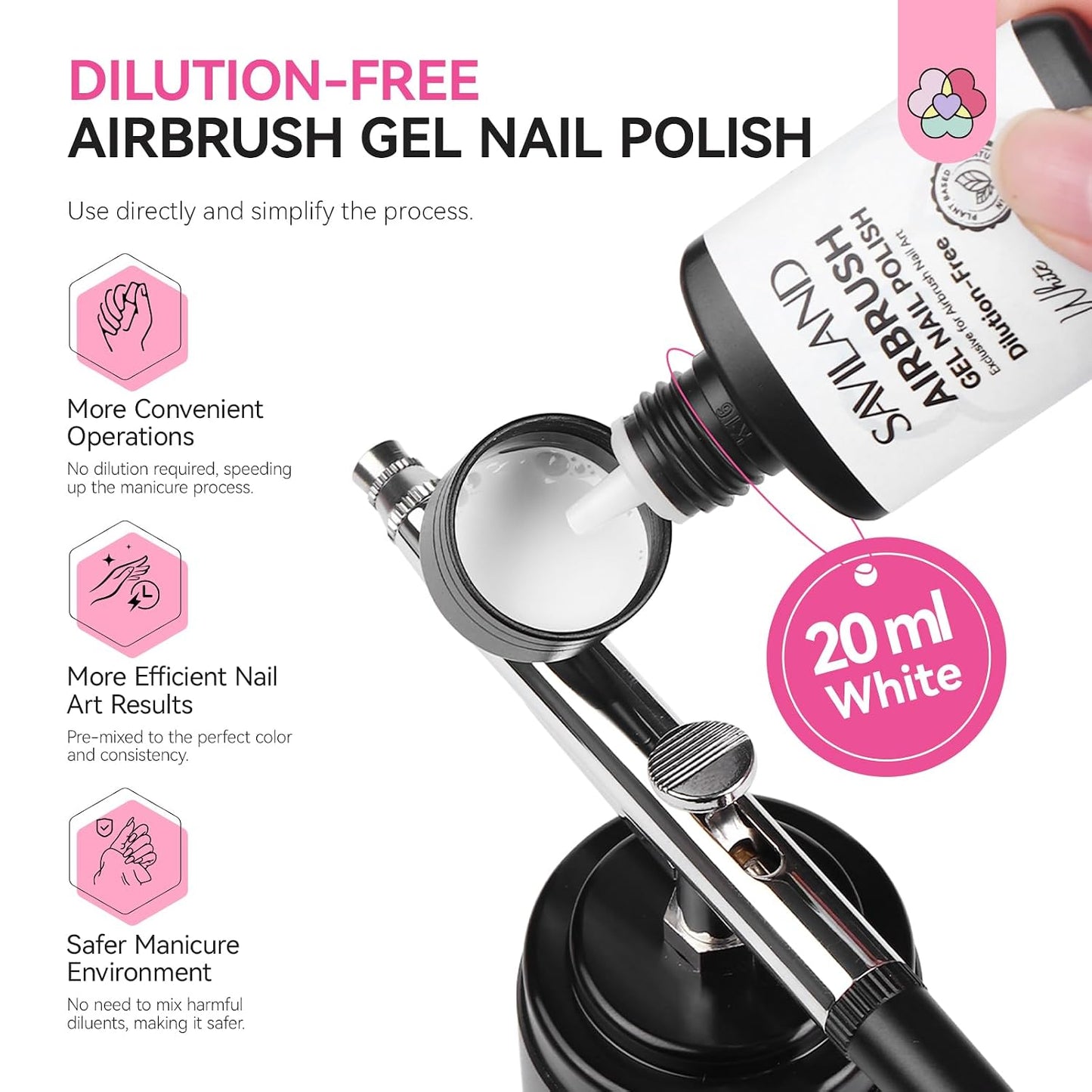 SAVILAND Airbrush Gel Nail Polish - Hema-Free, No Clogging, 20ml | White Ombre Nail Gel for High Pigment Colors