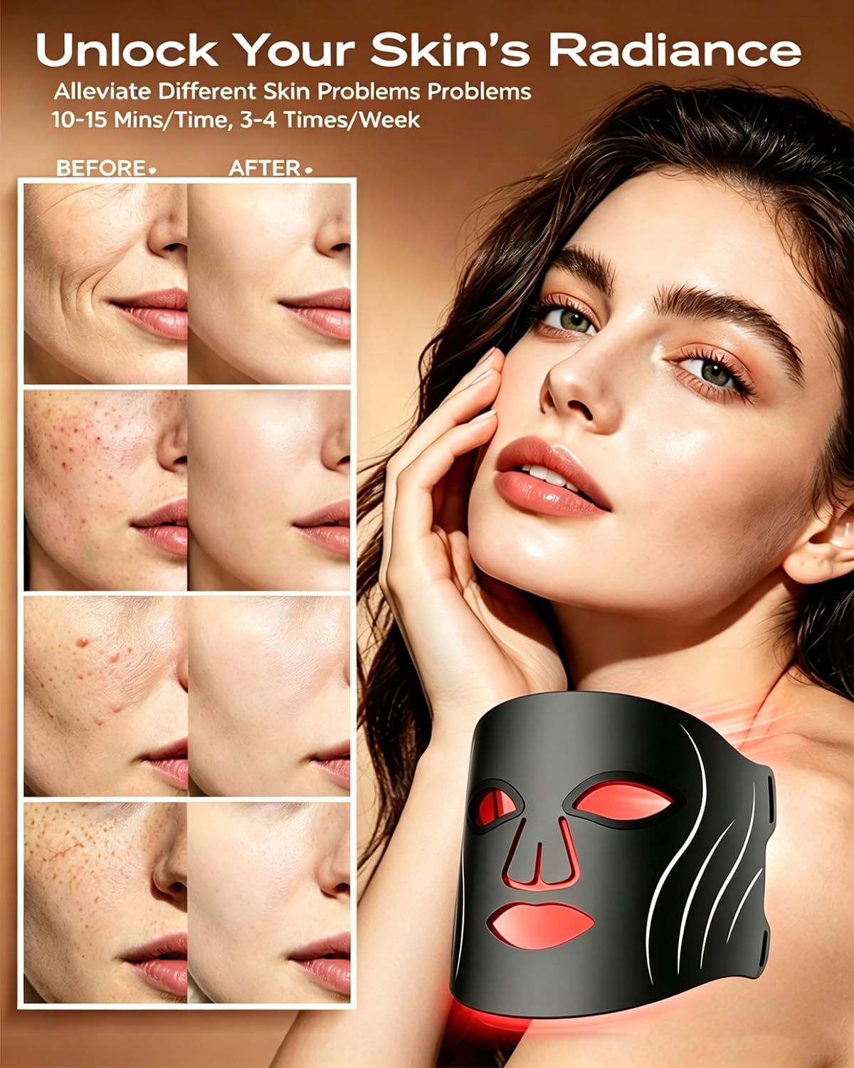 Avvnee FDA-Cleared Red Light Therapy for Face, 4 Modes Red Light Mask for Wrinkles & Skin Texture, LED Face Mask with 850nm NIR, Red, Blue & Amber Light for Glowing Skin, 240 LEDs, 3000mAh Timer