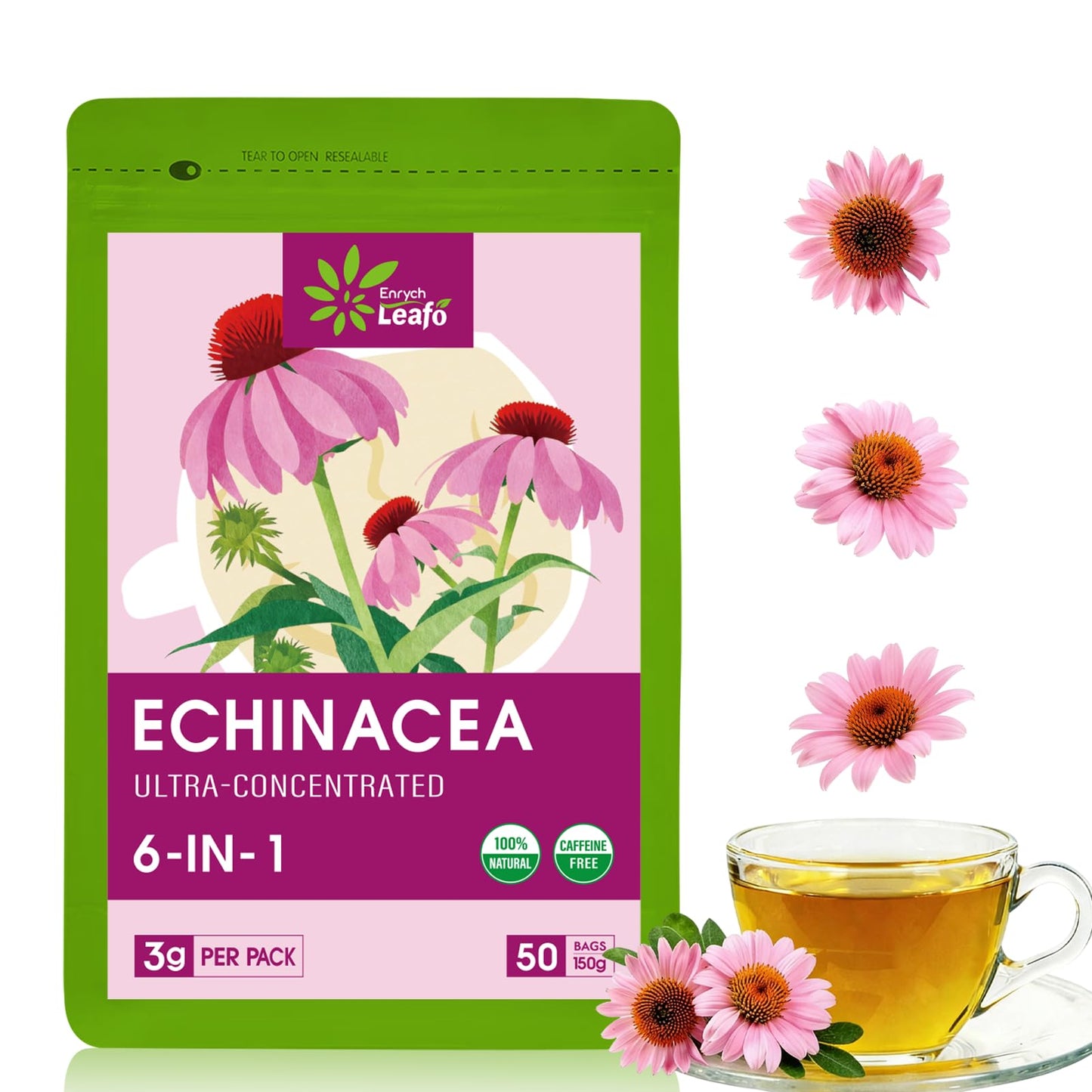 EnrychLeafo Echinacea Herb Tea with Elderberry & Goldenseal - Helps Combat Free Radicals & Provides Immune & Respiratory Support - Caffeine Free - 50 Tea Bags