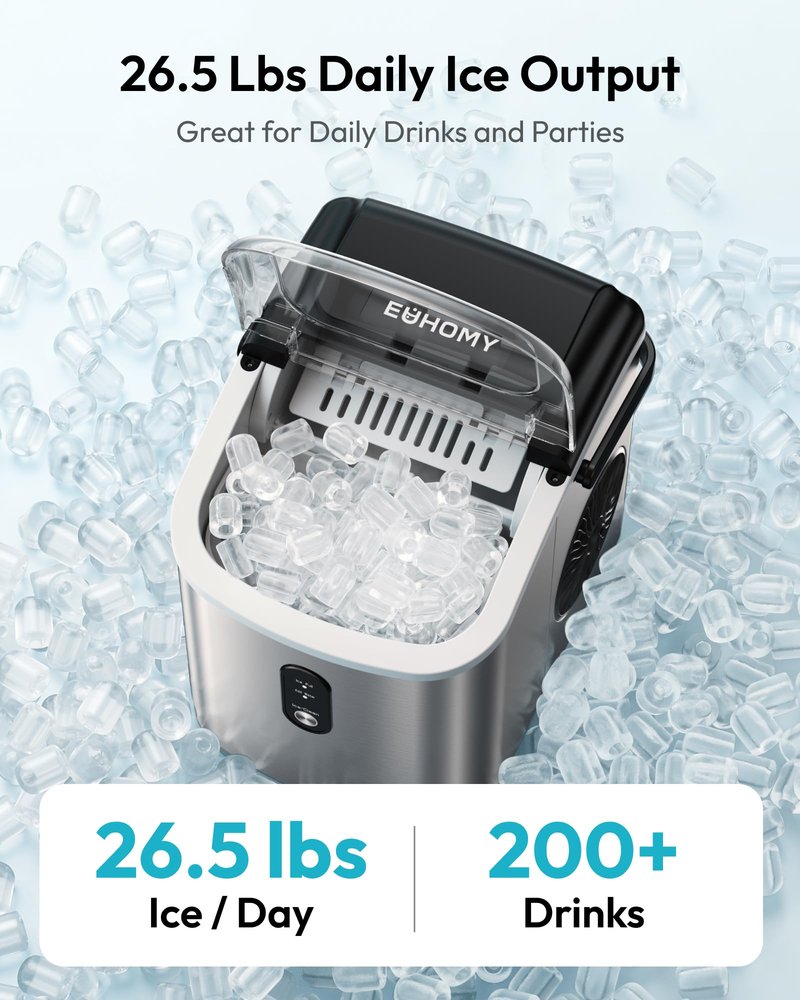 EUHOMY Ice Maker Countertop, Portable Ice Machine with Carry Handle, 26.5lbs Per Day, 9 Cubes in 6 Mins, Auto-Cleaning, with Basket and Scoop, for Home, Kitchen, Camping, RV (Silver)