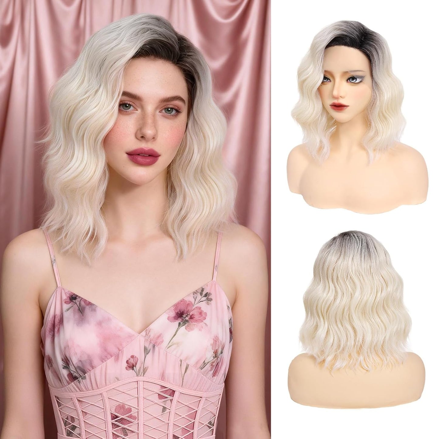 Wavy Bob Wig for Women - Short Brown Highlight Synthetic Hair | 14 Inch Lace Front for Daily Wear & Cosplay