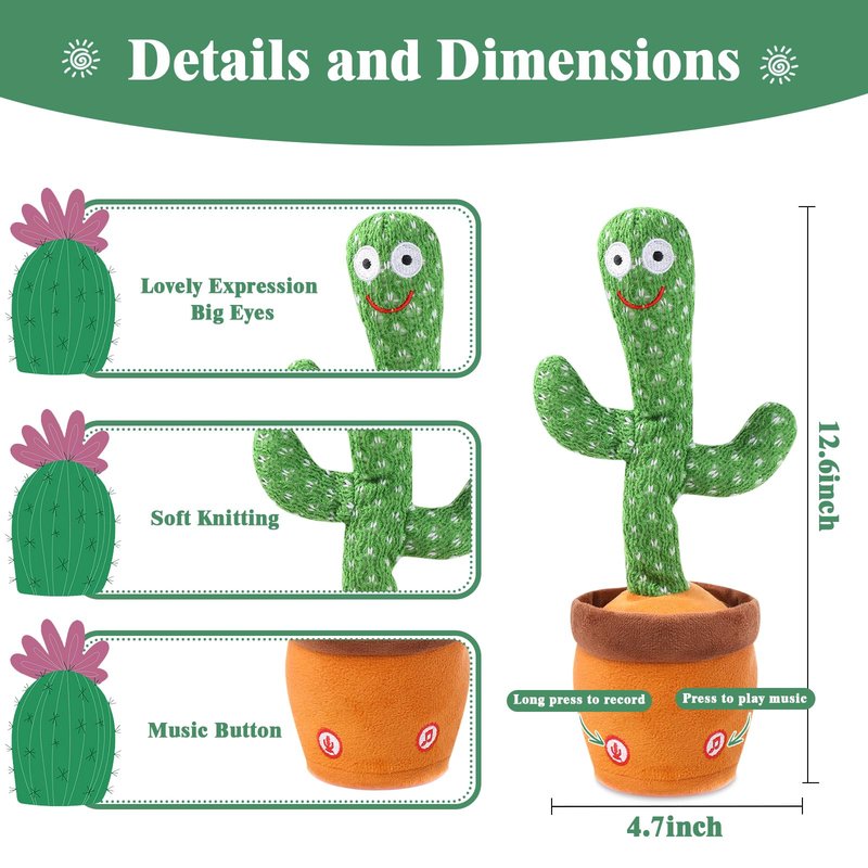 MIAODAM Dancing Cactus, Talking Cactus Baby Toy, Colorful Glowing Repeating Cactus Toy for Baby Toddler, Singing Cactus Toy 10 Pcs Songs Repeats What You Say for Baby Toy Gift Mimicking