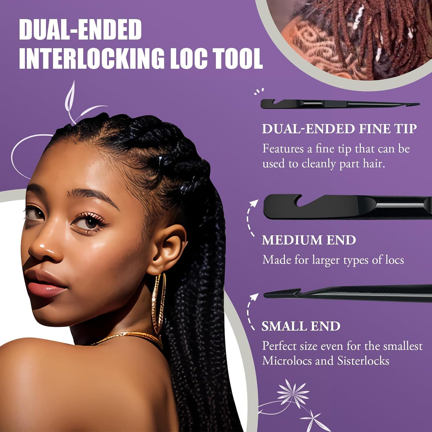 Dreadlock Retightening Tool - Interlocking Crochet Needle Set for Locs & Sisterlocks | Dual-Ended Metal Needles (Black)