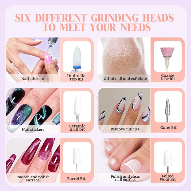 Electric Nail Drill with UV Lamp 6 in 1 Cordless Nail File Portable Efile Nail Set 35000 RPM Professional Rechargeable Nail Drill Machine for Acrylic Gel Nail Manicure Pedicure for Home