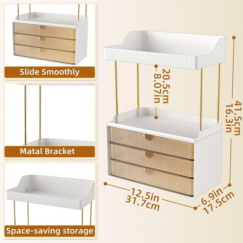Makeup Organizer with 3 Large Drawers - 5 Tier Bathroom Storage & Versatile Vanity Organizer | Ideal for Cosmetics, Skincare, Face Masks, Amber