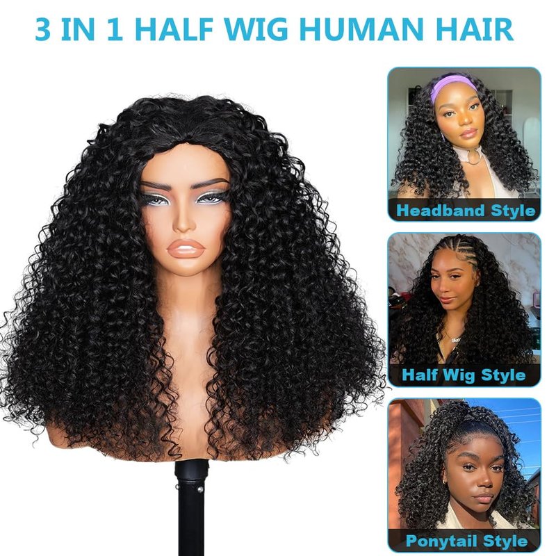 Curly Half Wig - 24 Inch Human Hair Water Wave | 200 Density, Seamless, Glueless Design for Easy Wear