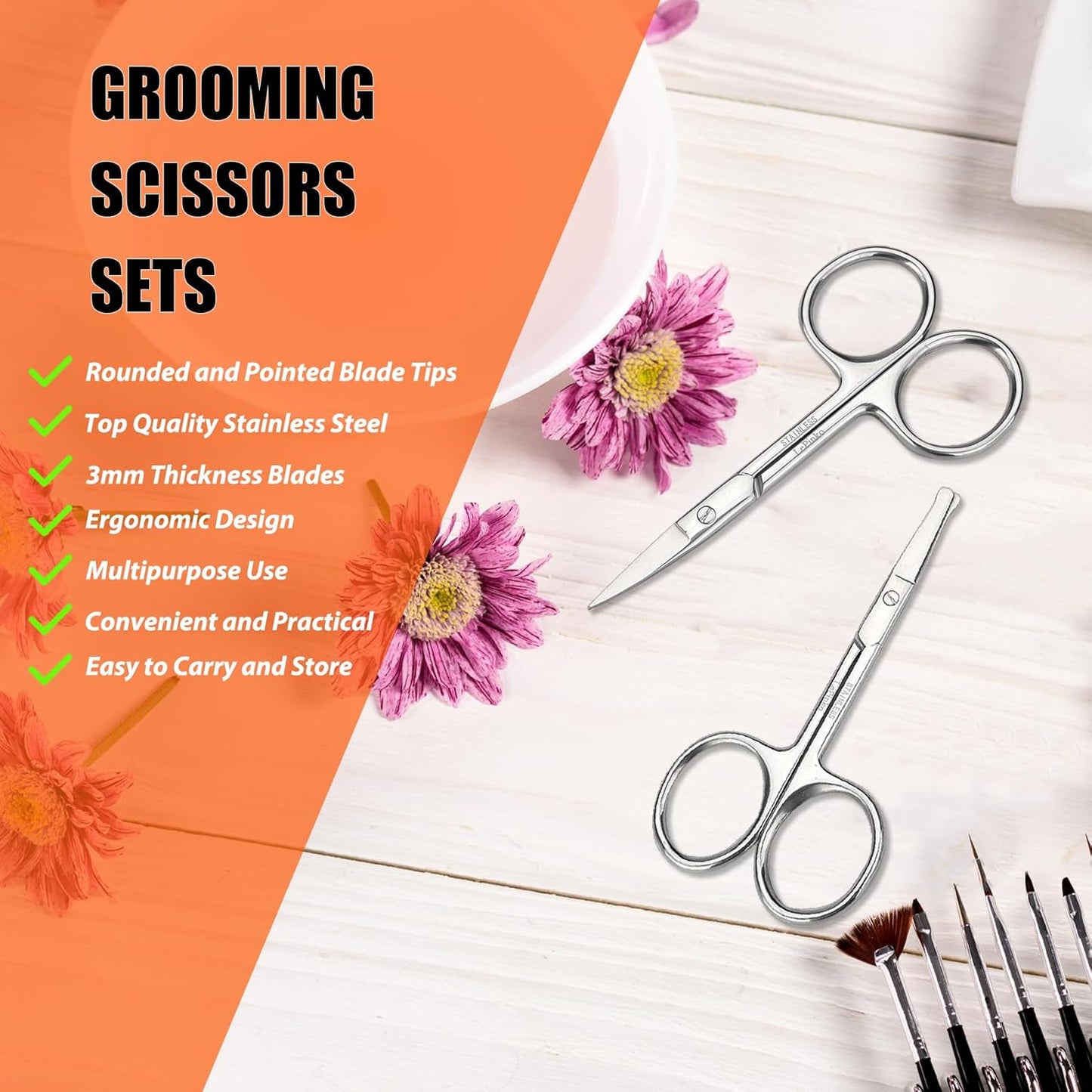 Grooming Scissors Set - Small Facial Hair Trimming Kit for Men & Women | Curved & Rounded Safety Tip - 2PCS Silver