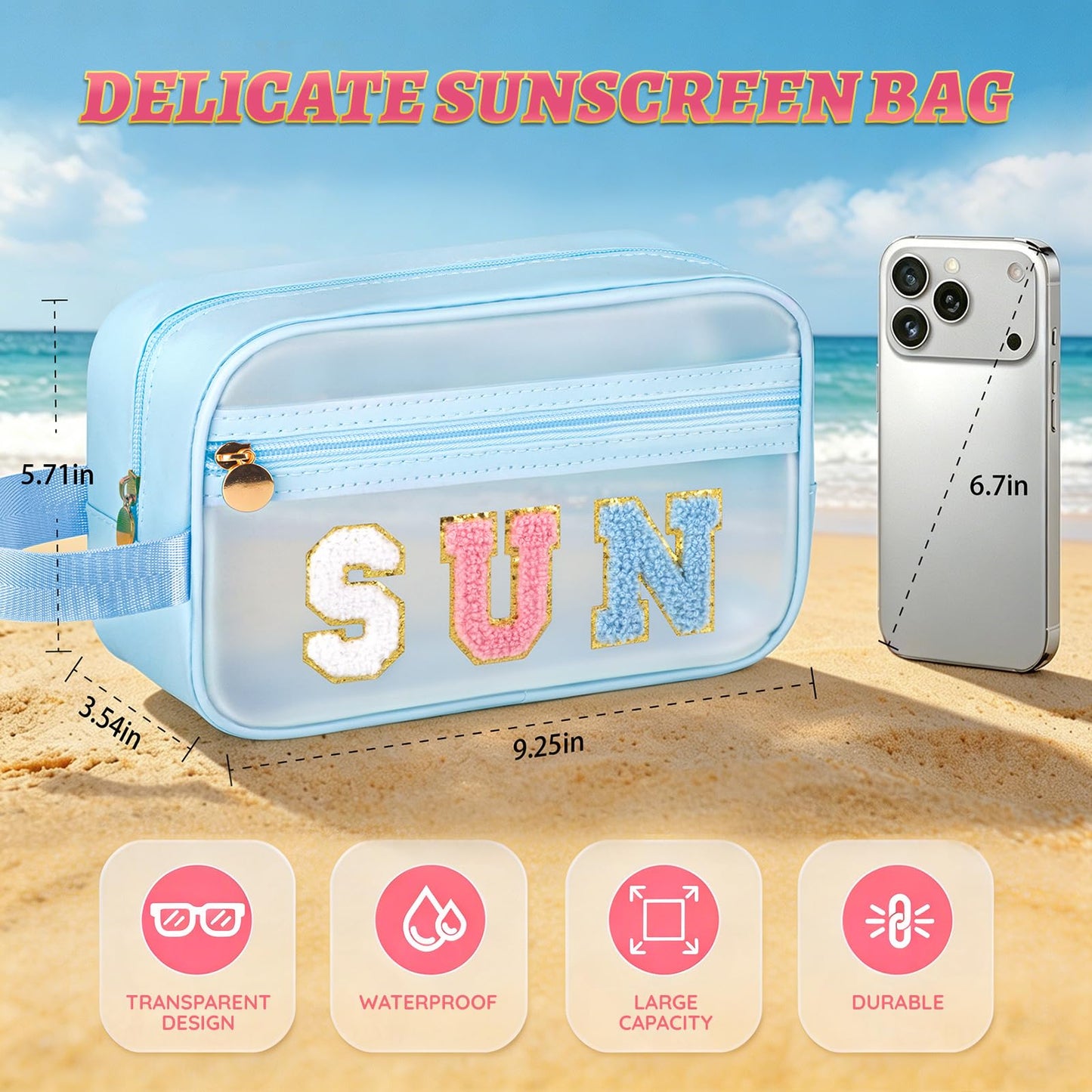 Kcjdd Clear Sunscreen Bags For Beach Pool With Handle, Waterproof Personalized Sun Bag Travel Toiletry Makeup Bag,Travel Beach Pool Summer Essentials SPF Bag For Women Girls(