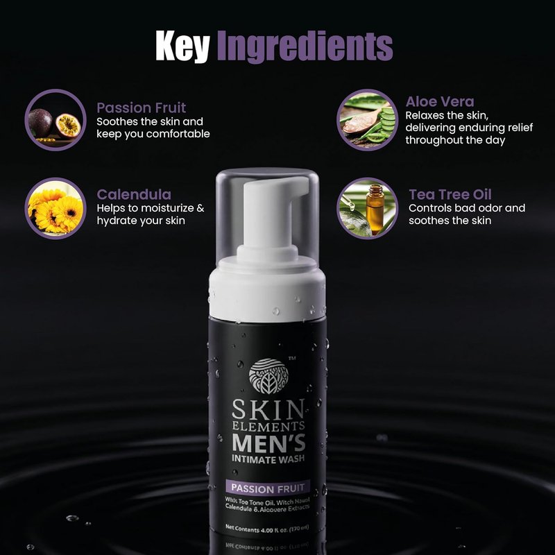 Skin Elements Intimate Wash for Men - pH Balanced Foaming Cleanser with Passion Fruit | 4.05 Fl Oz, Prevents Itching & Odor