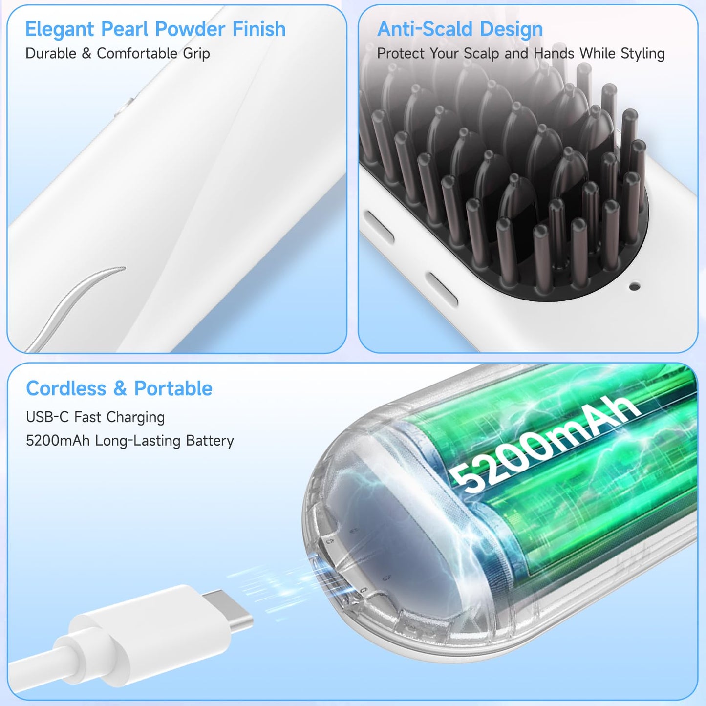 Cordless Hair Straightener Brush – Go Brush Pro for Short Hair with 4 Temp Levels, Anti-Scald Design, Portable Straightening Comb for Smooth, Frizz-Free Styling at Home or Travel (White)