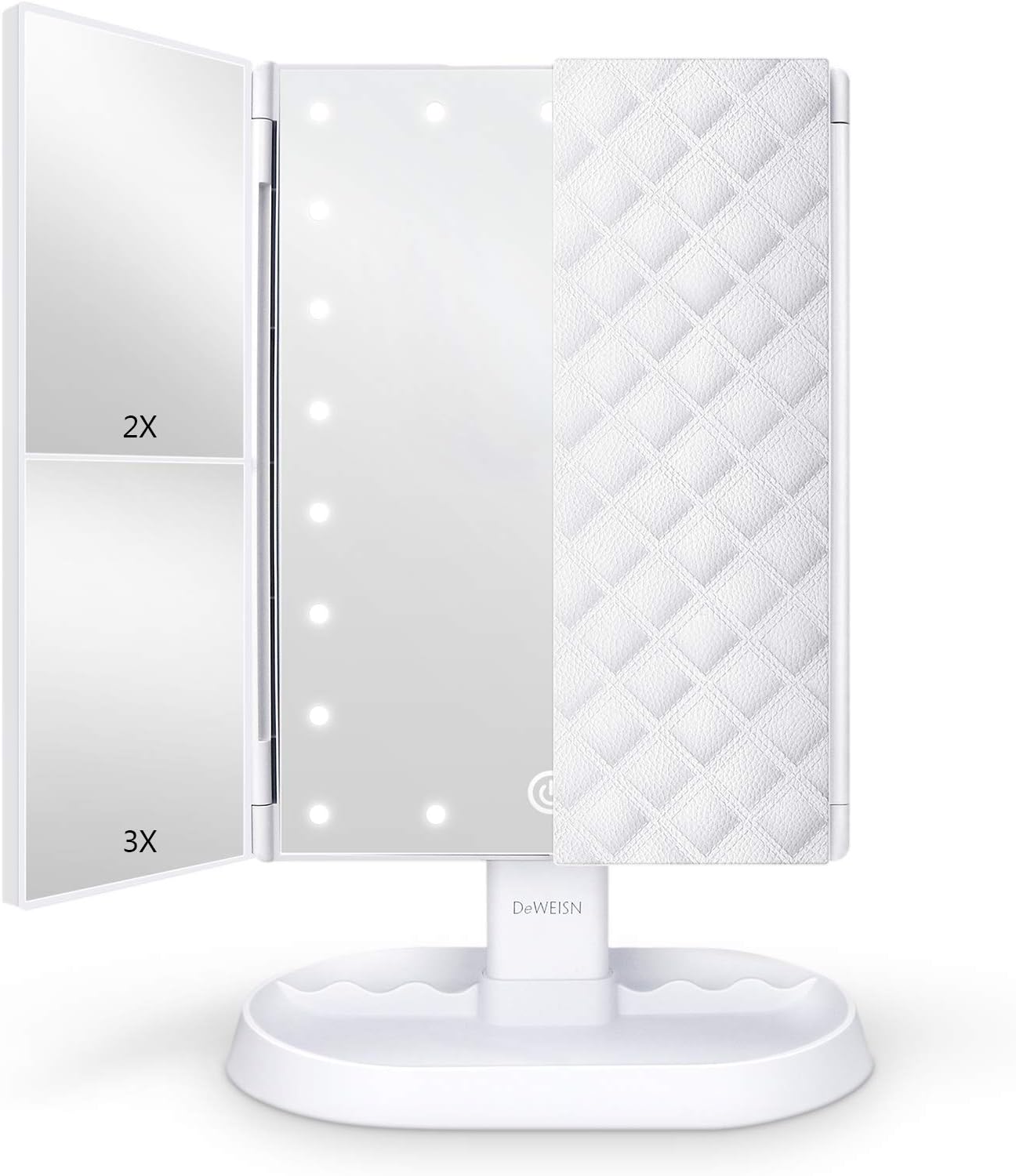 Trifold Lighted Vanity Makeup Mirror - 21 LED Lights, Touch Screen Dimming | 1x/2x/3x Magnification, Dual Power Supply