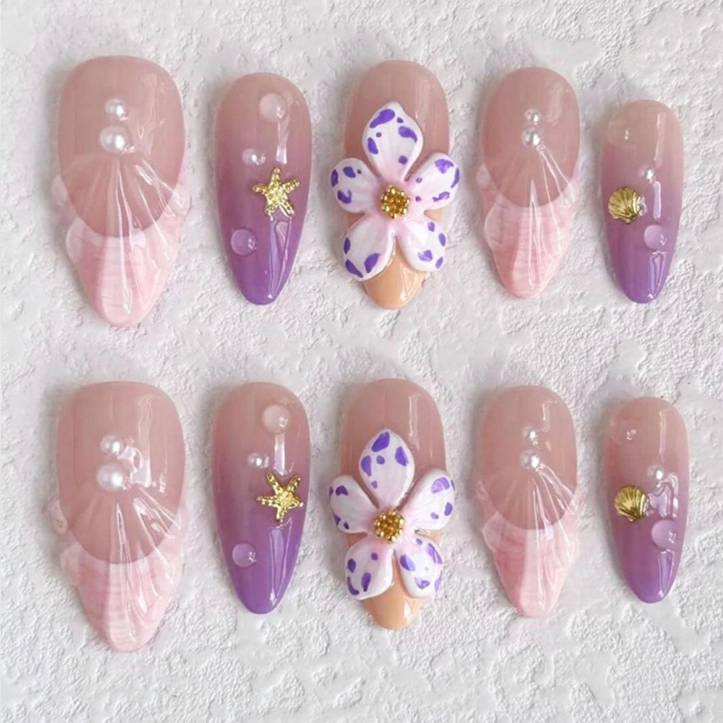 Press-On Nails - 30 Pcs Pink Flower French Tip Design | Short Almond 3D Floral Full Cover Acrylic Set