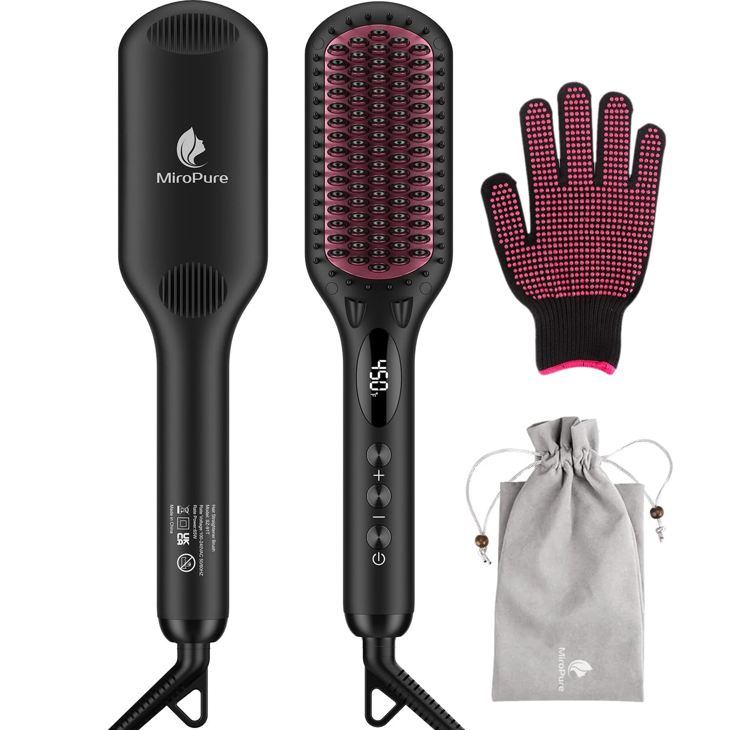 MiroPure Enhanced Ceramic Hair Straightener Brush - 2-in-1 Ionic Styling Tool with Anti-Scald & Auto-Off Features | Black