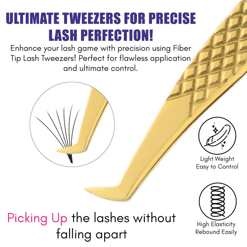 Mega Volume Fiber Grip Lash Tweezer – Boot Tip, Diamond Grip, Professional Stainless Steel, Precision Lash Extension Tool for Volume Fans, Classic, and Mega Volume Eyelash Extensions (Gold)