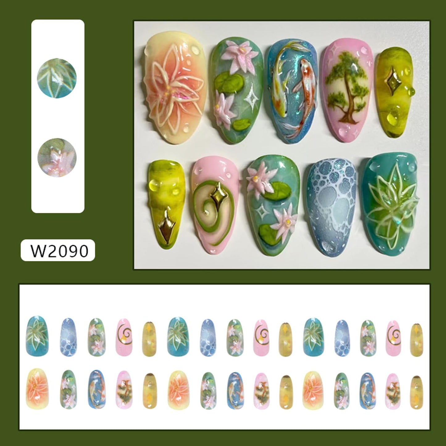 Press-On Nails - 24Pcs Medium Almond Fake Nails with Lotus & Lucky Koi Design | Glossy Full Cover for Spring/Summer DIY Manicure