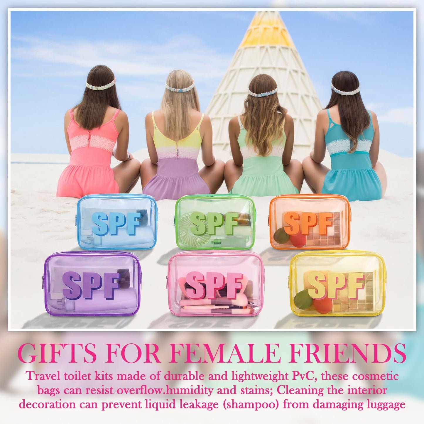 Reginary 6 Pcs Spf Sunscreen Bags Spf Makeup Bags for Beach Preppy Clear Cosmetic Pouch with Zipper Summer Waterproof Travel Toiletry Organizer Beach Vacation Essentials for Women Girls Trip Bestie