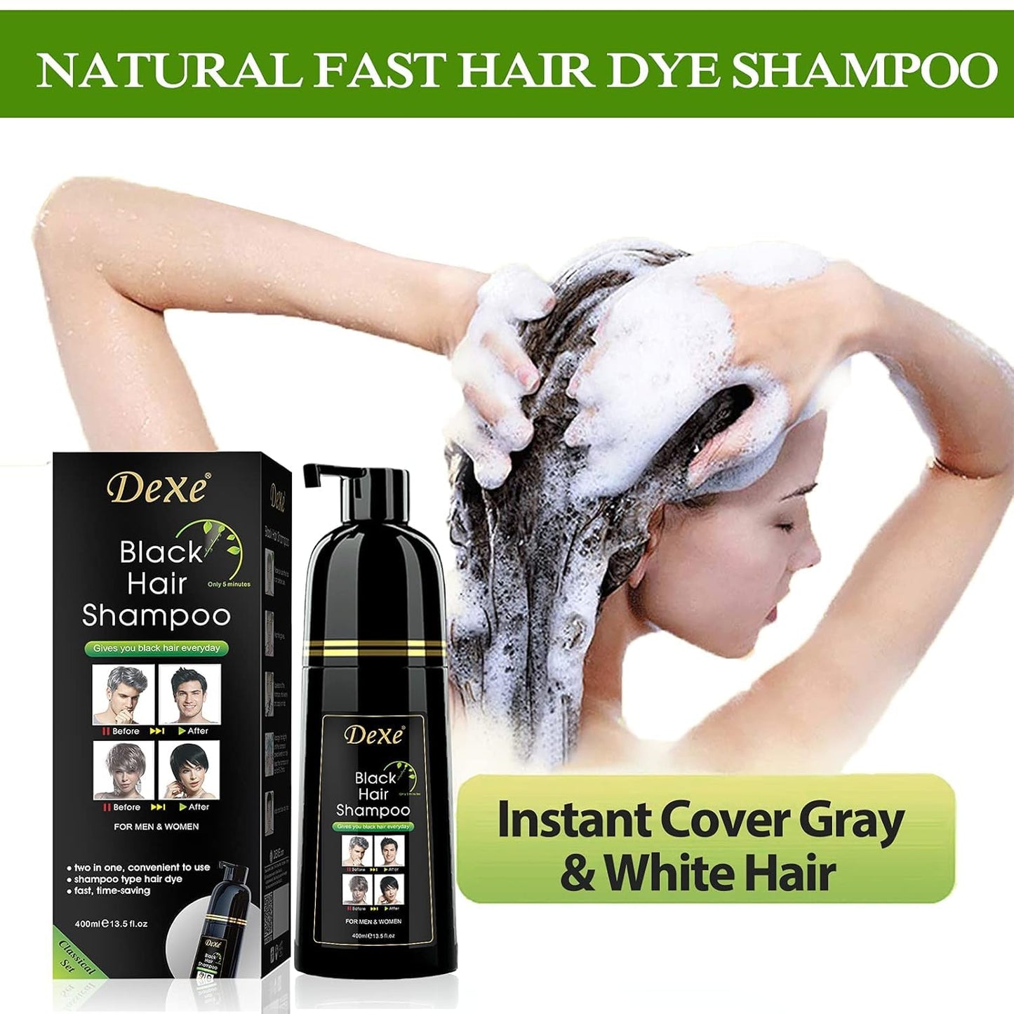 YUOLITA Brand 3-In-1 Black Hair Dye Shampoo, Herbal Ingredients, 100% Gray Coverage, Instant Hair Color Shampoo for Men Women, Natural Hair Lasts 30 Days, 400ML