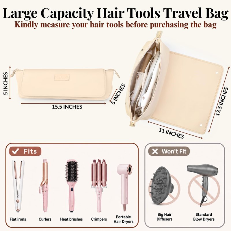 BAREFOOT CARIBOU Hair Tools Travel Bag and Heat Resistant Mat (15.5") for Flat Irons, Straighteners, Curling Iron, and Haircare Accessories, 2-in-1 design, Interior Pockets, Portable Organizer (Ivory)