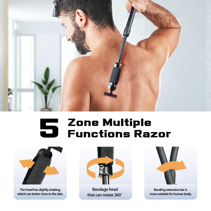 ETbyto Safety Razor Extension Handle with Adjustable Length for Leg Razor,Back Shaver for Men,Multi-Function Extension Shaver Handle can be Fitted Lotion Applicator,Hair Brush for Wet or Dry - Black