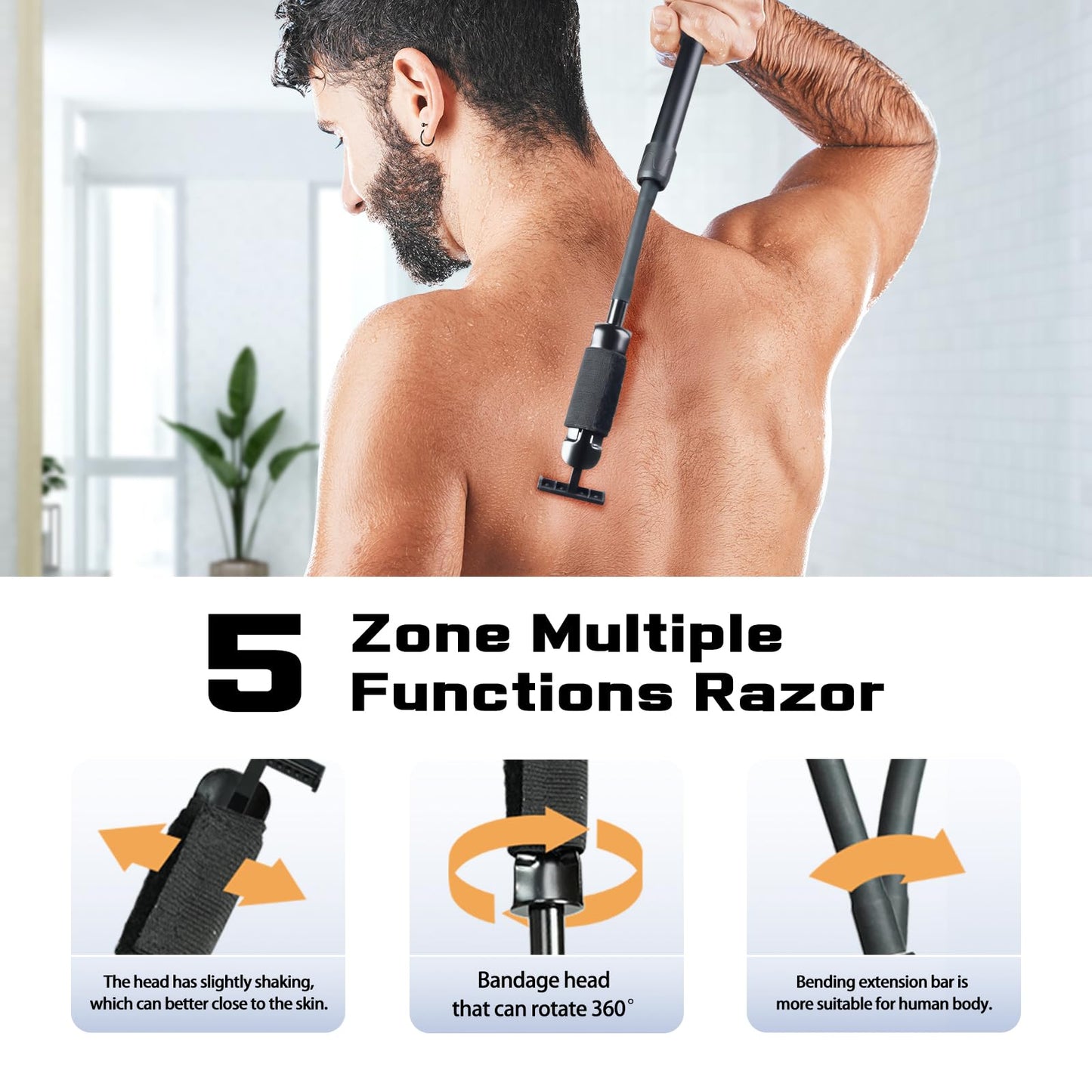 ETbyto Safety Razor Extension Handle with Adjustable Length for Leg Razor,Back Shaver for Men,Multi-Function Extension Shaver Handle can be Fitted Lotion Applicator,Hair Brush for Wet or Dry - Silver