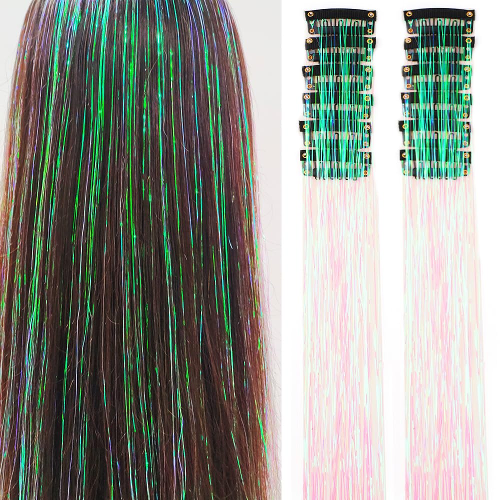 Clip In Hair Tinsel Extensions - 20 Inch Glitter Strands for Festivals | 12 Pcs Black Dazzle Kit for Women & Girls