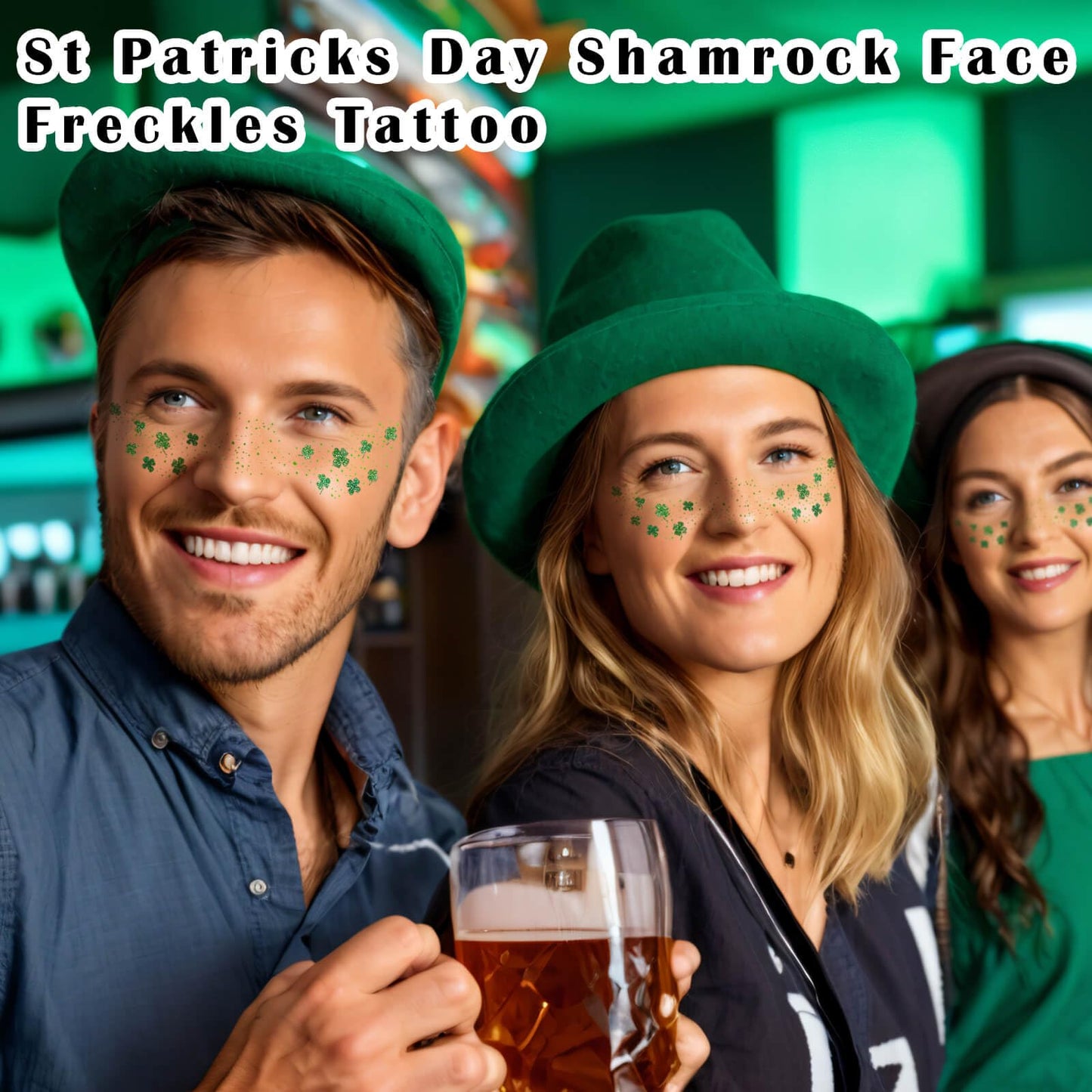 Paminify St Patricks Day Accessories, Green Shamrock Temporary Face Glitter Freckles Tattoos,St Patty's Green Face Tattoos Sparkle Glitter Makeup,Saint Patrick's Day Outfit for Women,6 PCS