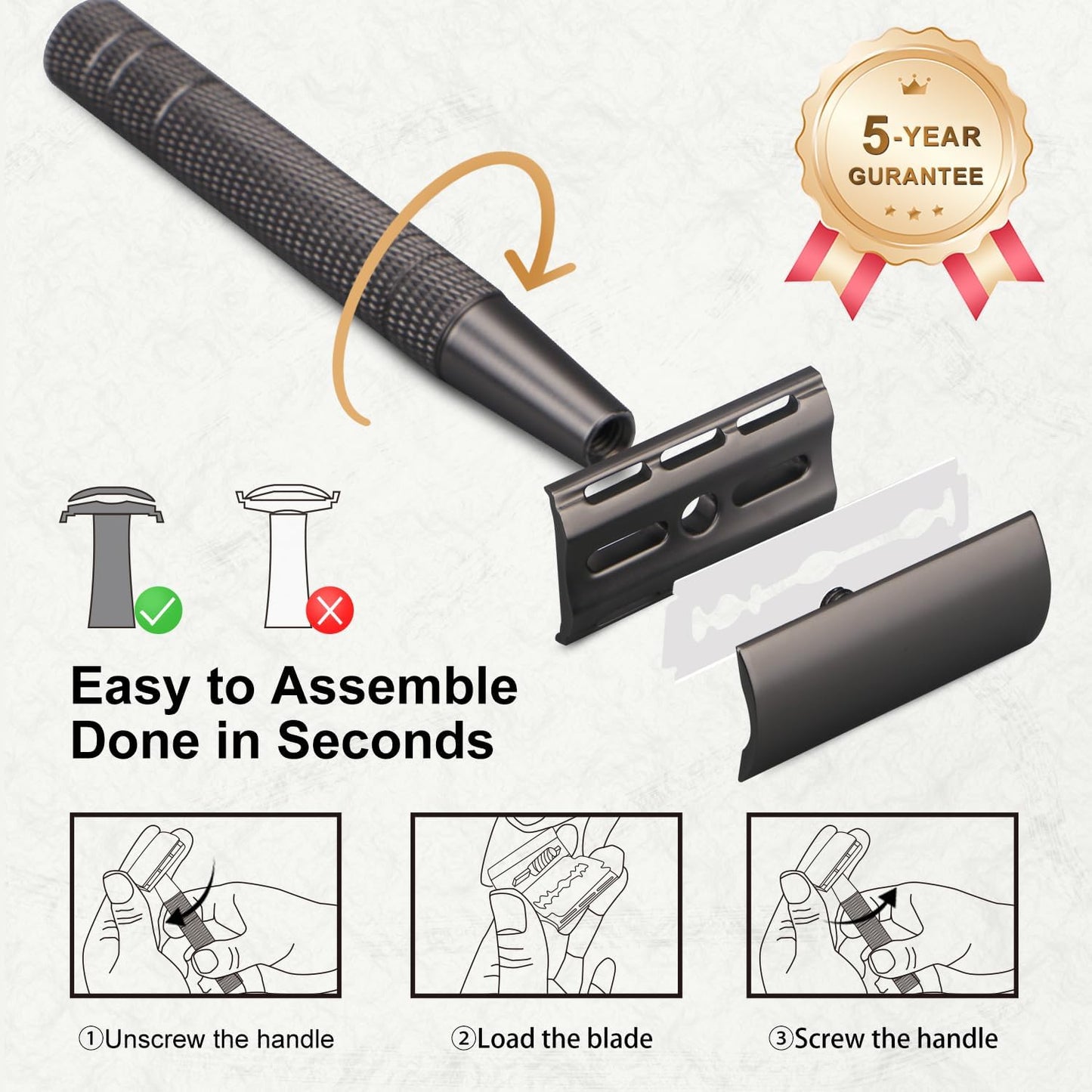 Double Edge Safety Razor with Stand, Single Blade Razors for Men and Women, with 10 Stainless Steel Double Edge Blades, Smooth and Close Shave, Plastic Free, Matte Gun Black