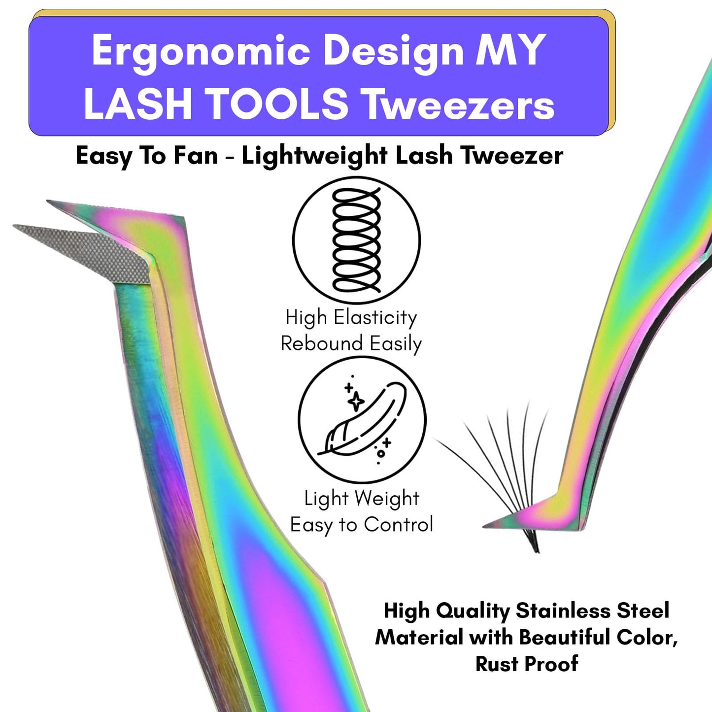 Fiber Tip Lash Tweezer Axe Tip – Mega Volume Boot Tweezer for Eyelash Extensions, Precision Stainless Steel, Non Slip Grip, Lash Tool for Volume Fans, Classic & Mega Volume Lashes (Rainbow)