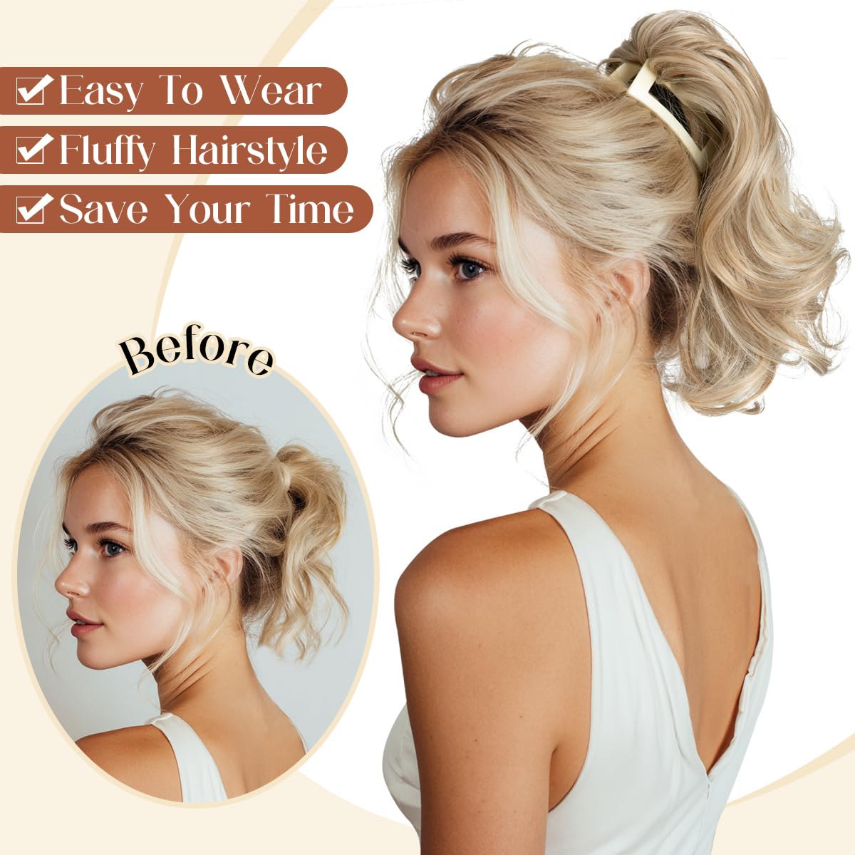 Ponytail Extensions - Wavy Curly Claw Clip Hairpieces for Women | 12" & 14" Beige Multi Set