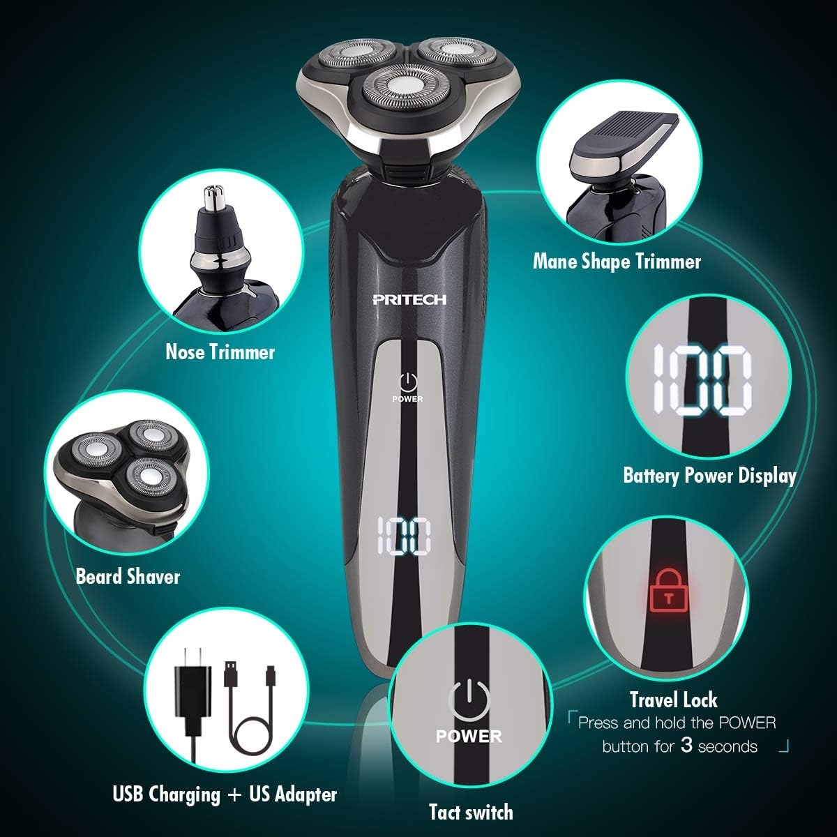 Electric Razor for Men - Waterproof Rechargeable Shaver with Nose Hair & Sideburn Trimmer | Cordless Wet/Dry Use