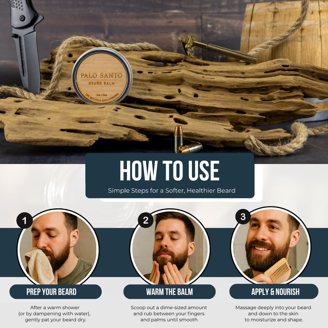 The Bearded Brotherhood TBB Palo Santo Beard Balm for Men | Natural Beard Conditioner and Styler with Shea Butter, Jojoba Oil, Argan Oil | Sweet Woodsy Scent | Handcrafted in Texas | 2 oz