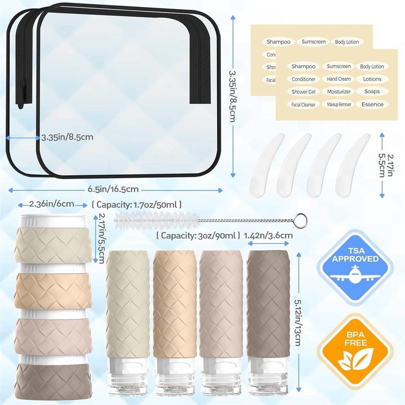 Travel Bottles Set - 16 Pack TSA Approved BPA-Free Silicone Containers | Leak-Proof Refillable Jars with Clear Bag (Cream)