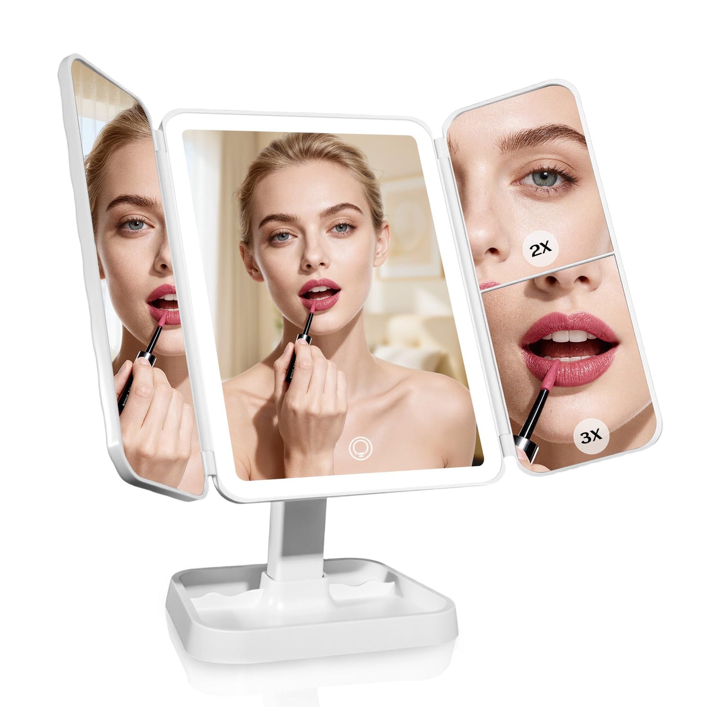 AoKayzu 1x/2x/3x Magnification Makeup Mirror,Adjustable Touch Screen with 4 Mode Lights Change 180°Rotation USB Charge Lighted Desktop Mirror for Make up Travel Cosmetic
