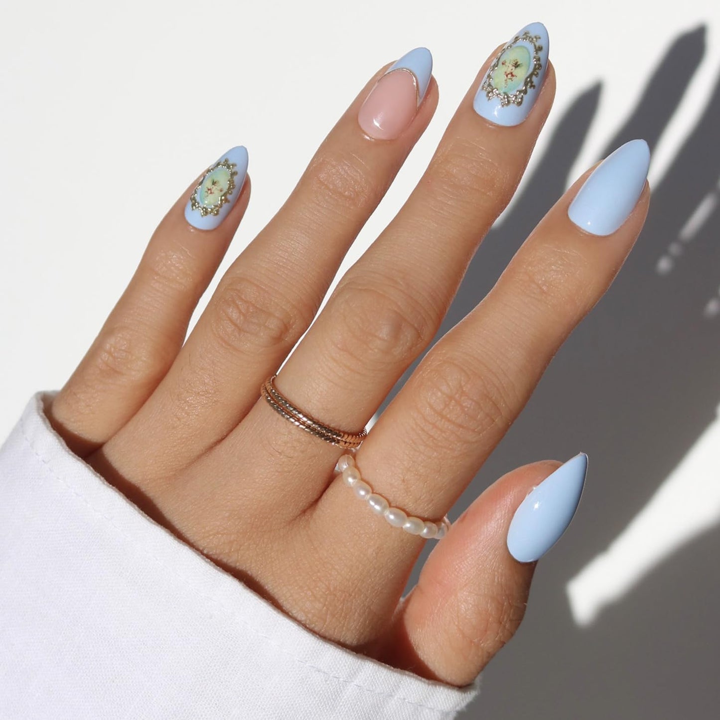 Glamnetic Press-On Nails - Pink Me Up Spring Almond Nails | Pastel Pink French Tips with 3D Pearls - 30 Nail Kit, 15 Sizes